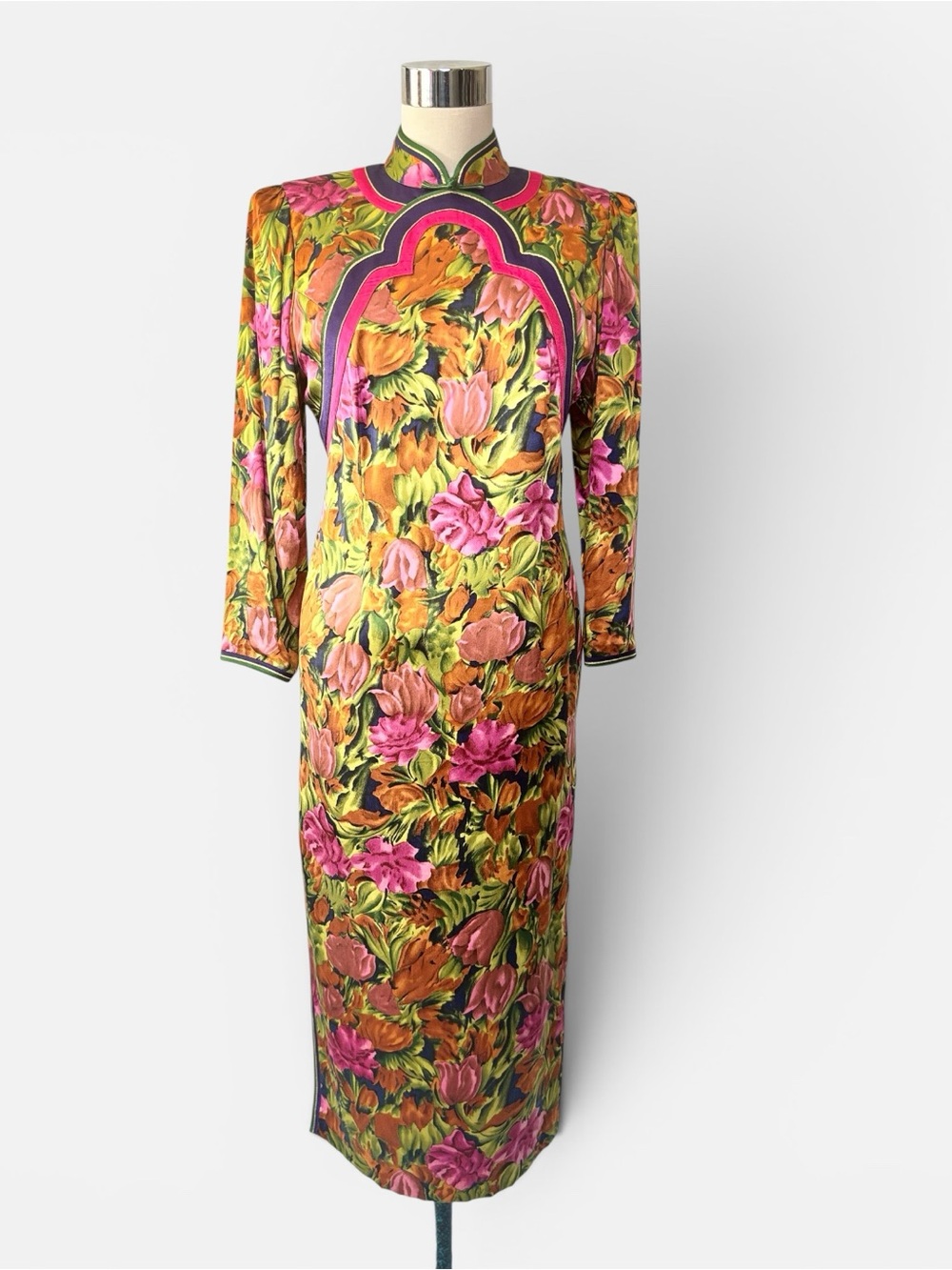 Vintage 80s Couture Silk Floral Mandarin Collar Long Dress with Art Deco Detail
